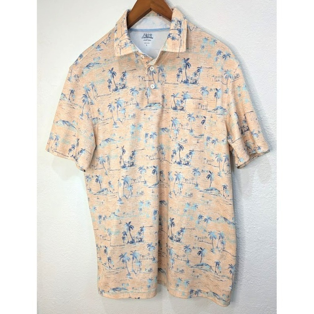 Izod Saltwater Polo Shirt Men Large Palm Tree Print Polyester Golf Golfing